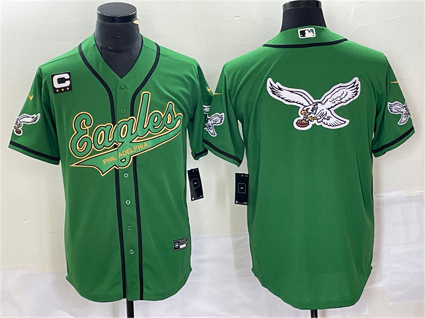Men's Green Gold Philadelphia Eagles Team Big Logo With C Patch Cool Base Stitched Baseball Jersey